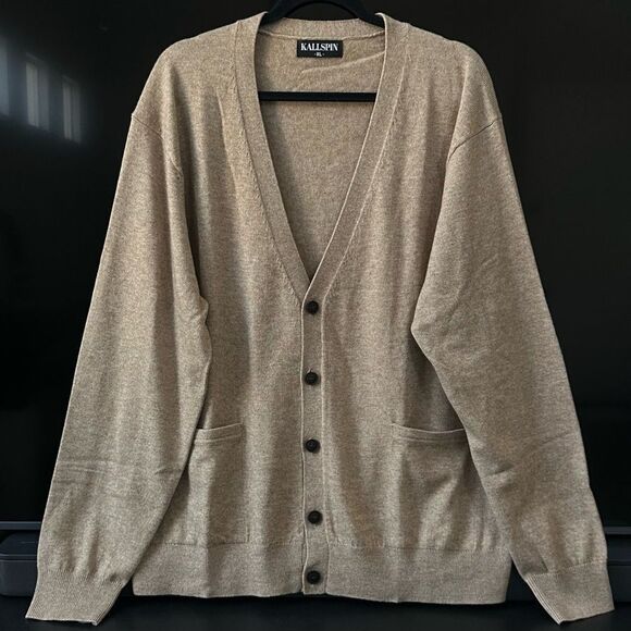 KALLSPIN Men's V Neck Button Front Cashmere Blend Knit Stretch Sweater Size XL - Picture 1 of 8